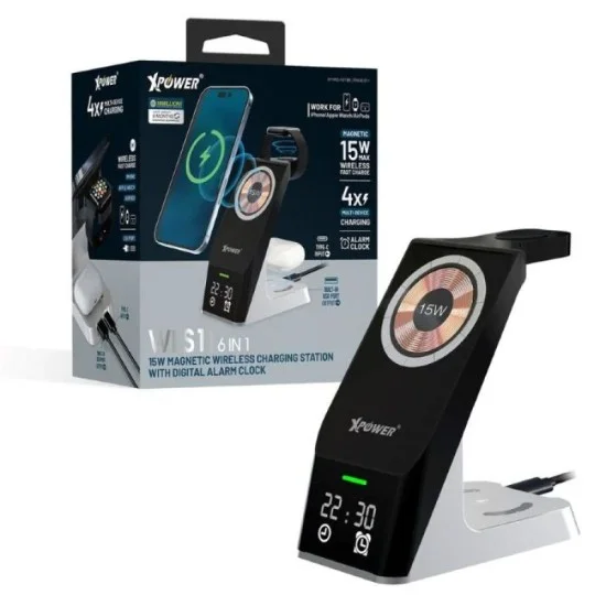 XPower WLS11 6 IN 1 15W Magnetic Wireless Charging Station with Clock Display - Alarm Clock - Black